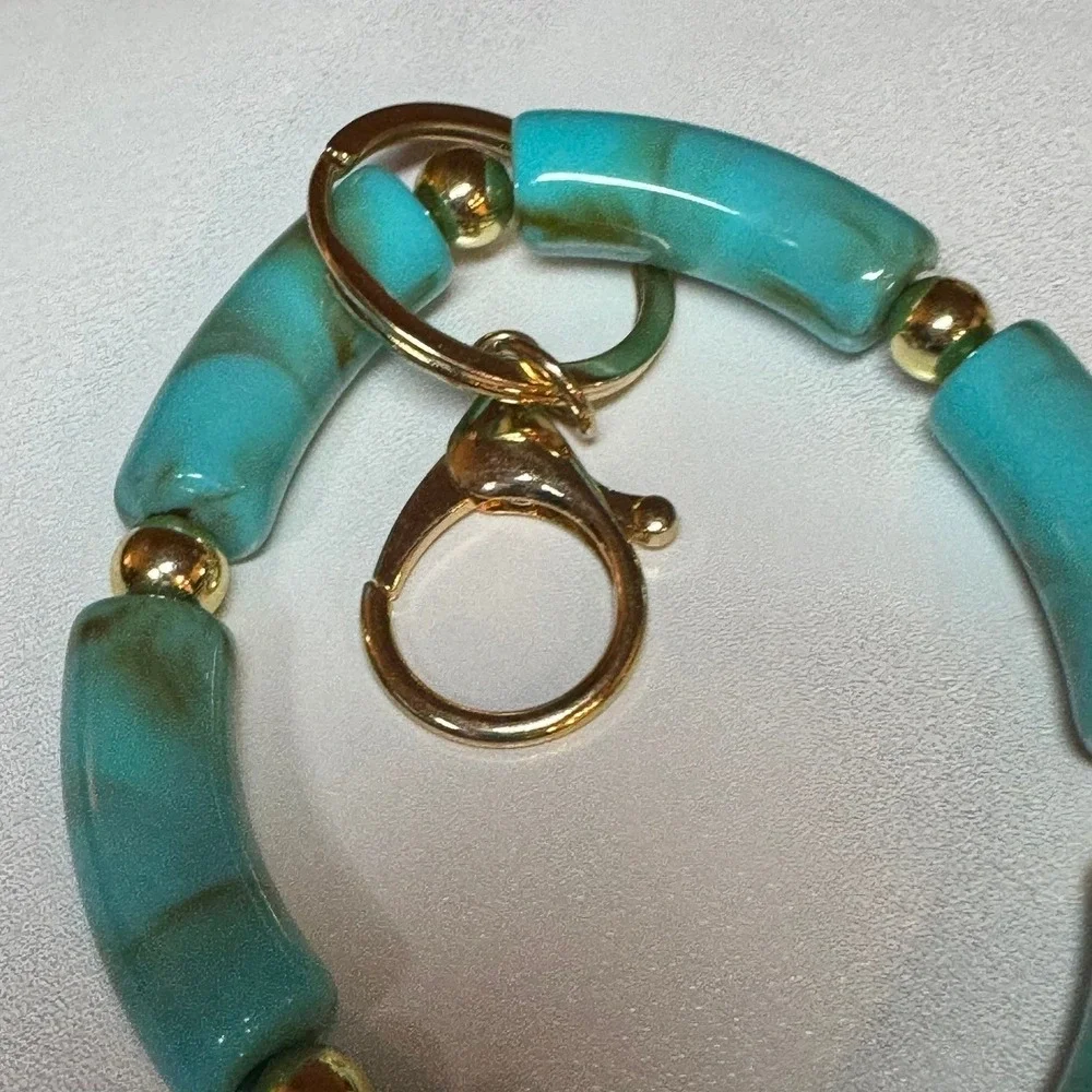Turquoise‎ Beaded Keychain Bracelet Gold Tone Clasp Bag Charm